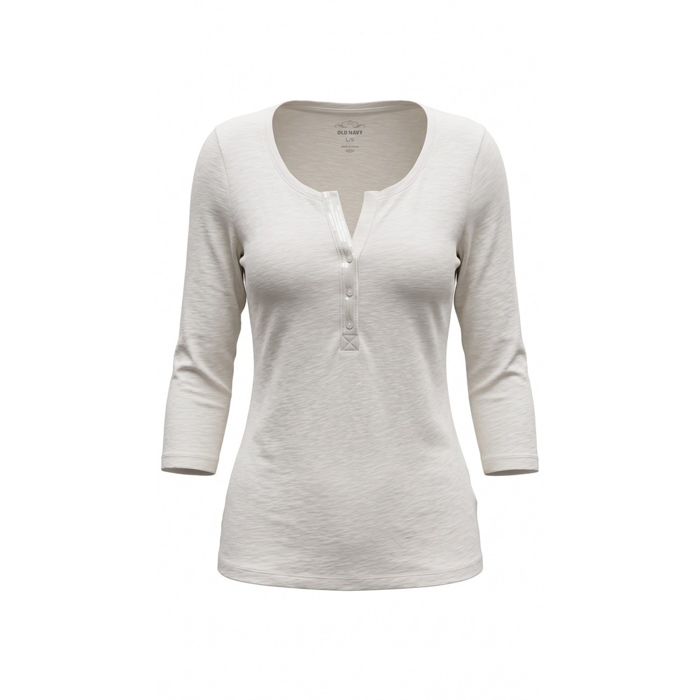 Old Navy Women Cream Slub Knit Sequin Henley Top Long Sleeve L/G